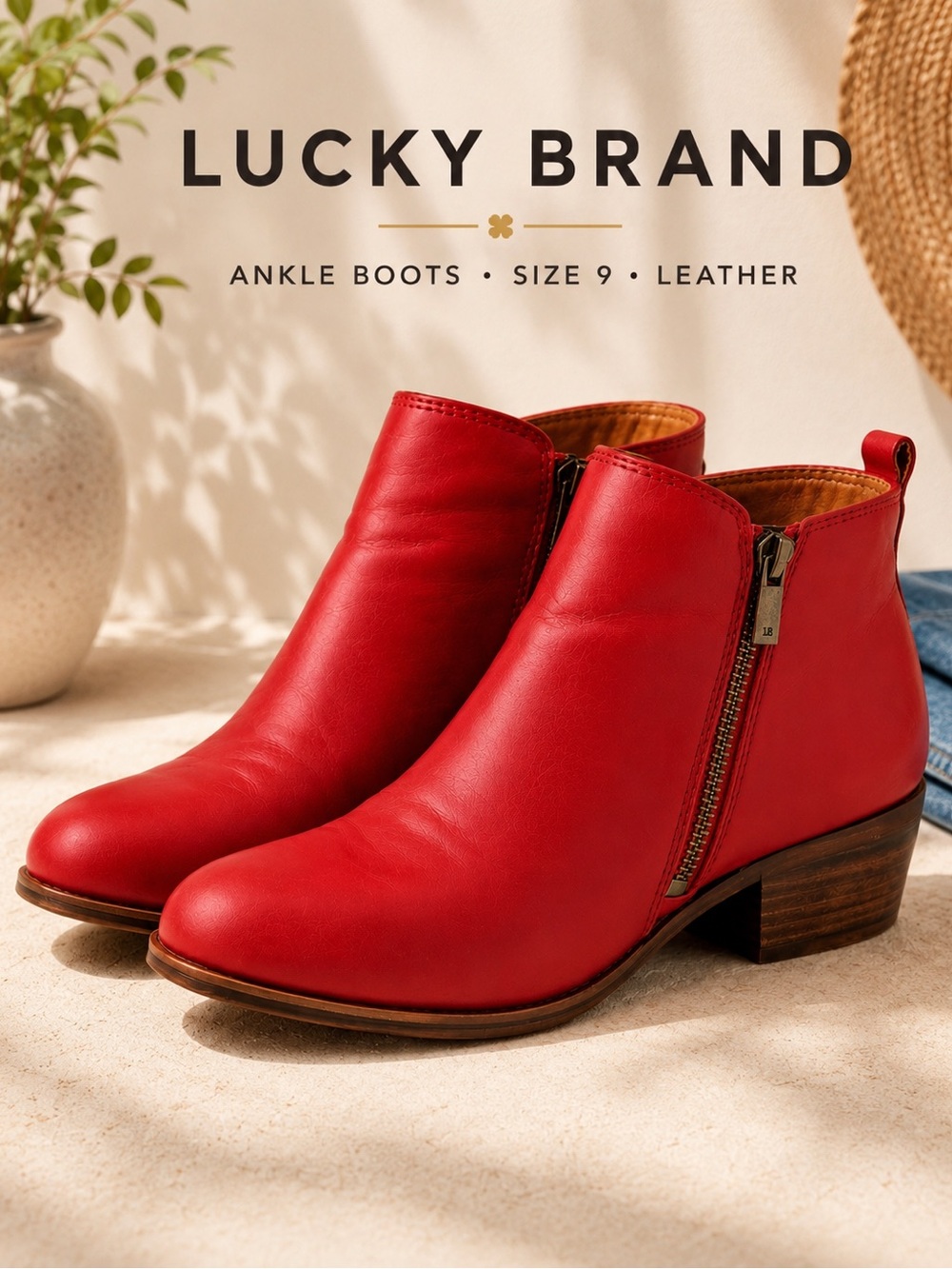 Lucky Brand Red Leather Ankle Boots Women’s 9M Double Zip Low Heel Booties